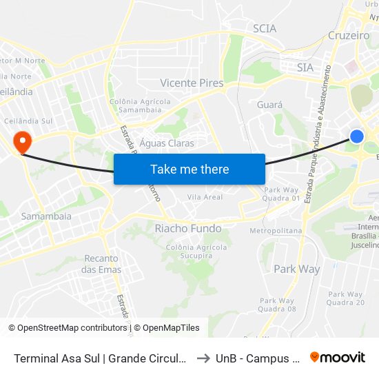 Terminal Asa Sul | Grande Circular / Rod.P.Piloto to UnB - Campus Ceilândia map