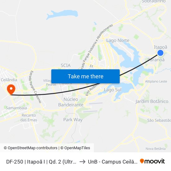 DF-250 | Itapoã I | Qd. 2 (Ultrabox) to UnB - Campus Ceilândia map