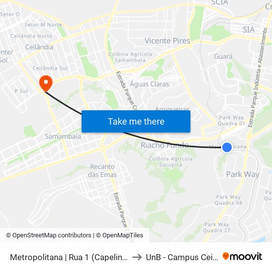 Metropolitana | Rua 1 (Capelinha) »Ida» to UnB - Campus Ceilândia map