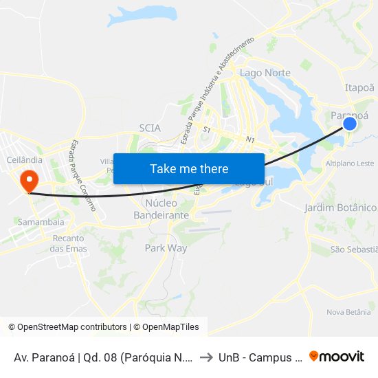 Av. Paranoá | Qd. 08 (Paróquia N. Sra. dos Pobres) to UnB - Campus Ceilândia map