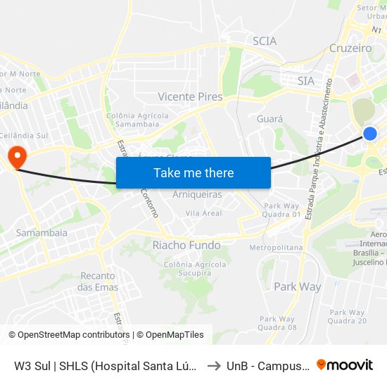 W3 Sul | SHLS (Hospital Santa Lúcia / Pão de Açúcar) to UnB - Campus Ceilândia map