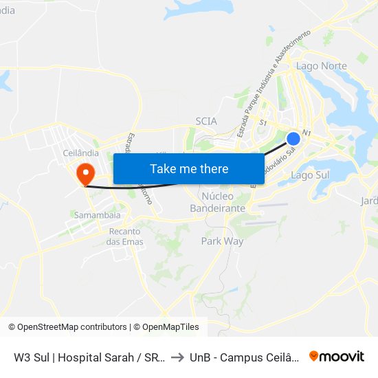 W3 Sul | Hospital Sarah / SRTVS to UnB - Campus Ceilândia map