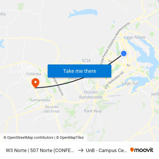 W3 Norte | 507 Norte (CONFEA / CEUB) to UnB - Campus Ceilândia map