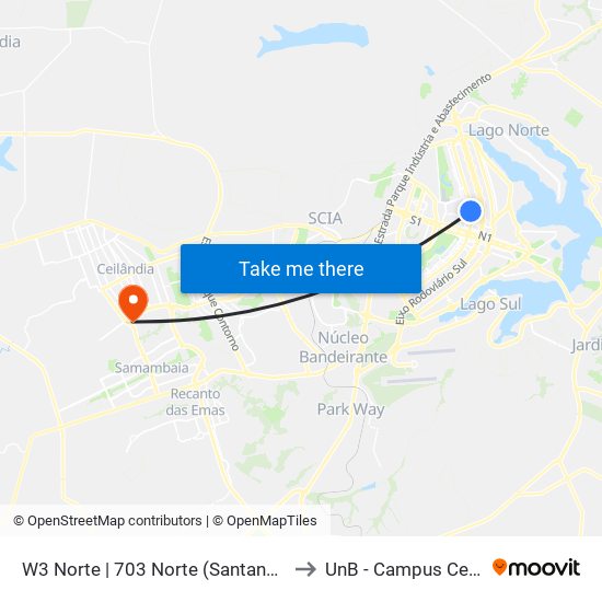 W3 Norte | 703 Norte (Santander / BRB) to UnB - Campus Ceilândia map