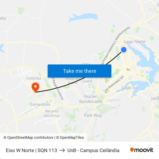 Eixo W Norte | SQN 113 to UnB - Campus Ceilândia map