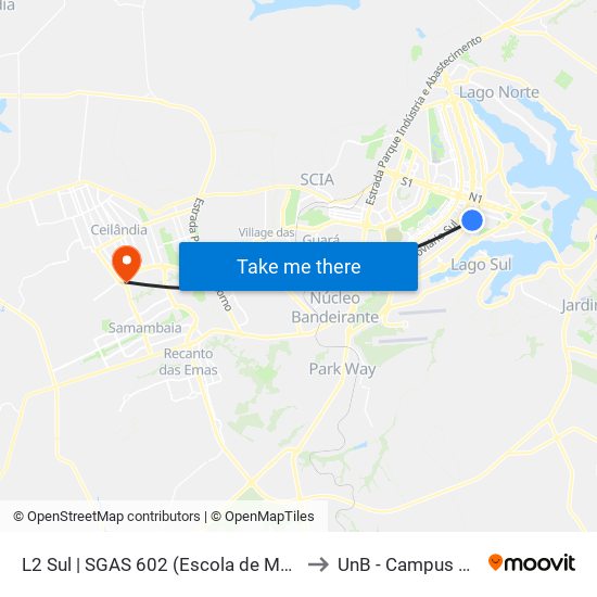 L2 Sul | SGAS 602 (Escola de Música / CESAS) to UnB - Campus Ceilândia map