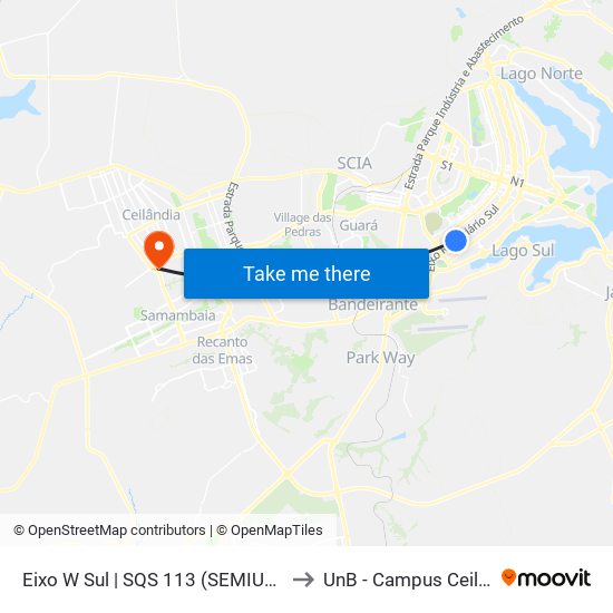 Eixo W Sul | SQS 113 (SEMIURBANO) to UnB - Campus Ceilândia map