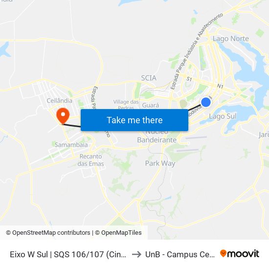 Eixo W Sul | SQS 106/107 (Cine Brasília) to UnB - Campus Ceilândia map