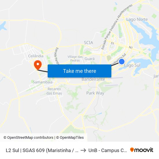 L2 Sul | SGAS 609 (Maristinha / McDonald's) to UnB - Campus Ceilândia map