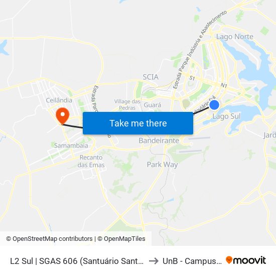 L2 Sul | SGAS 606 (Santuário Santissimo Sacramento) to UnB - Campus Ceilândia map