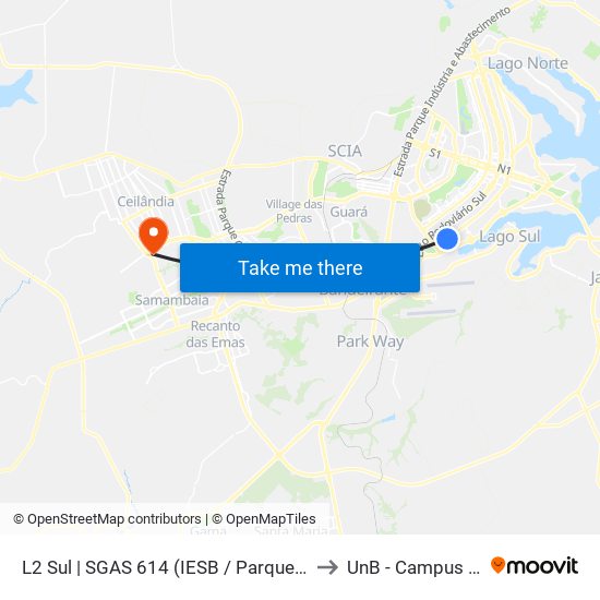 L2 Sul | SGAS 614 (IESB / Parque Asa Sul / CREAS) to UnB - Campus Ceilândia map