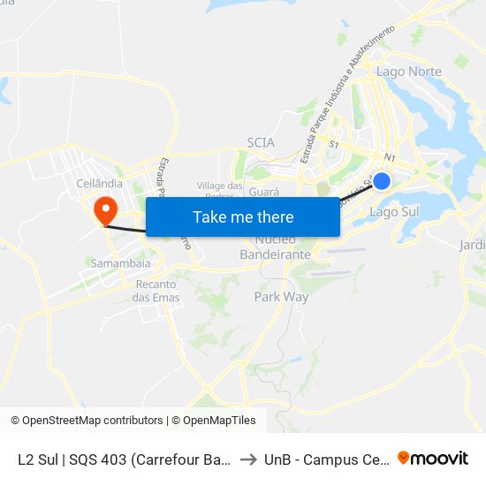 L2 Sul | SQS 403 (Carrefour Bairro / IMP) to UnB - Campus Ceilândia map