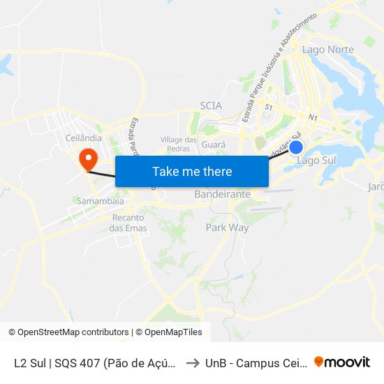 L2 Sul | SQS 407 (Pão de Açúcar / IDP) to UnB - Campus Ceilândia map