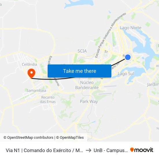 Via N1 | Comando do Exército / Marinha / Aeronáutica to UnB - Campus Ceilândia map