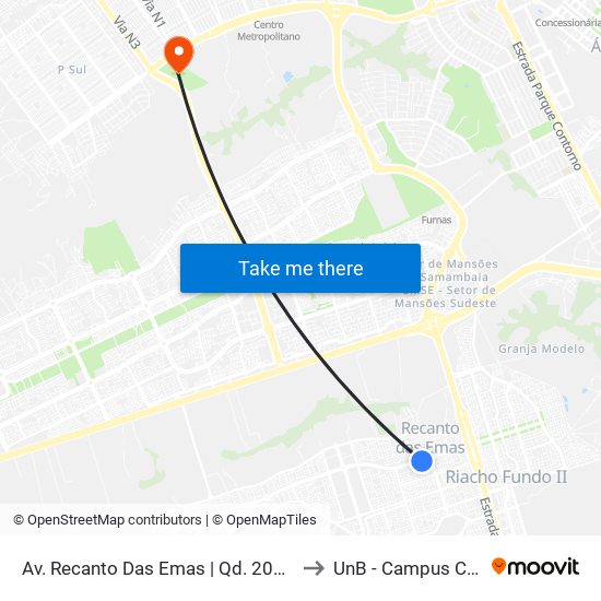 Av. Recanto Das Emas | Qd. 203, Conjunto 1 to UnB - Campus Ceilândia map