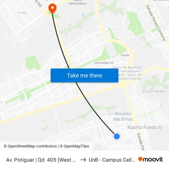 Av. Potiguar | Qd. 405 (West Carnes) to UnB - Campus Ceilândia map