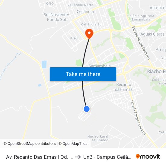 Av. Recanto Das Emas | Qd. 308 to UnB - Campus Ceilândia map