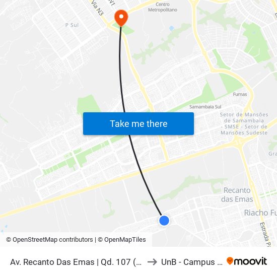 Av. Recanto Das Emas | Qd. 107 (Sublime / Kimicar) to UnB - Campus Ceilândia map