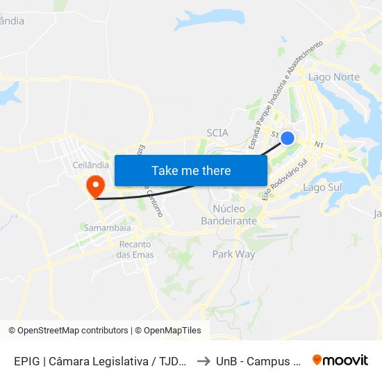 EPIG | Câmara Legislativa / TJDFT / CLUBE FM to UnB - Campus Ceilândia map