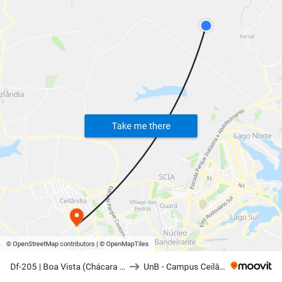 Df-205 | Boa Vista (Chácara 449) to UnB - Campus Ceilândia map
