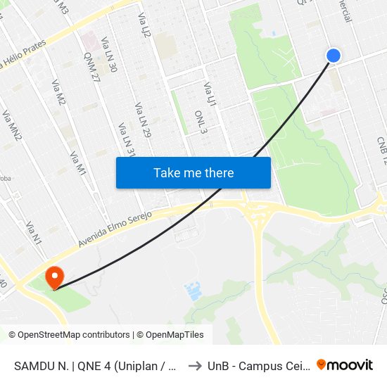 Samdu Norte | Qne 4 (Uniplan / Vivendas) to UnB - Campus Ceilândia map