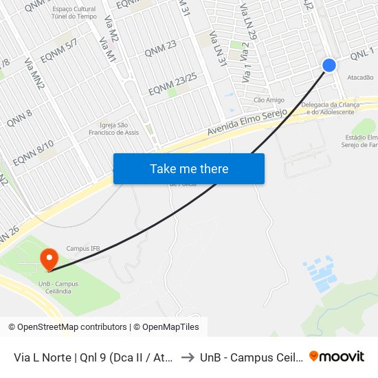 Via L Norte | Qnl 9 (Dca II / Atacadão) to UnB - Campus Ceilândia map