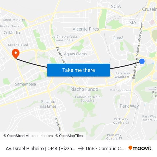 Av. Israel Pinheiro | QR 4 (Pizzaria Aurélio) to UnB - Campus Ceilândia map