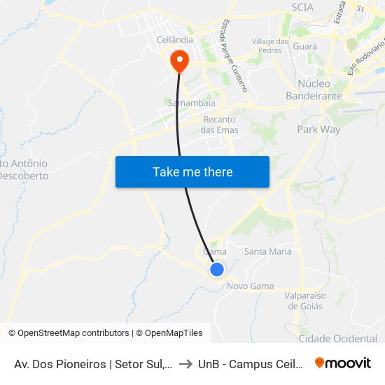 Av. Dos Pioneiros | Setor Sul, Qd. 3 to UnB - Campus Ceilândia map