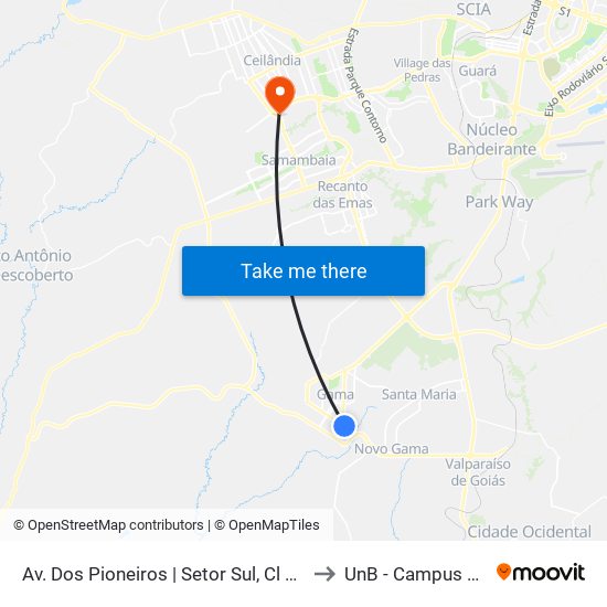 Av. Dos Pioneiros | Setor Sul, Cl 5 (Unicesumar) to UnB - Campus Ceilândia map