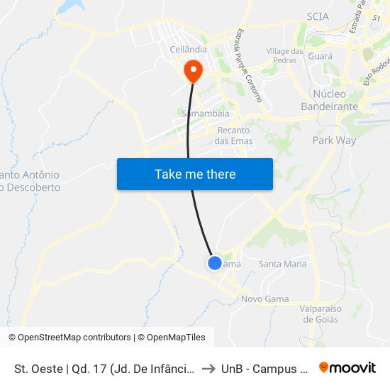 St. Oeste | Qd. 17 (Jd. De Infância 06 Do Gama) to UnB - Campus Ceilândia map