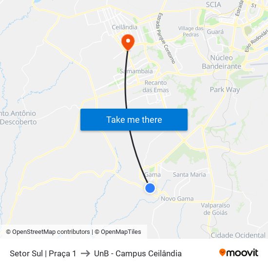 Setor Sul | Praça 1 to UnB - Campus Ceilândia map