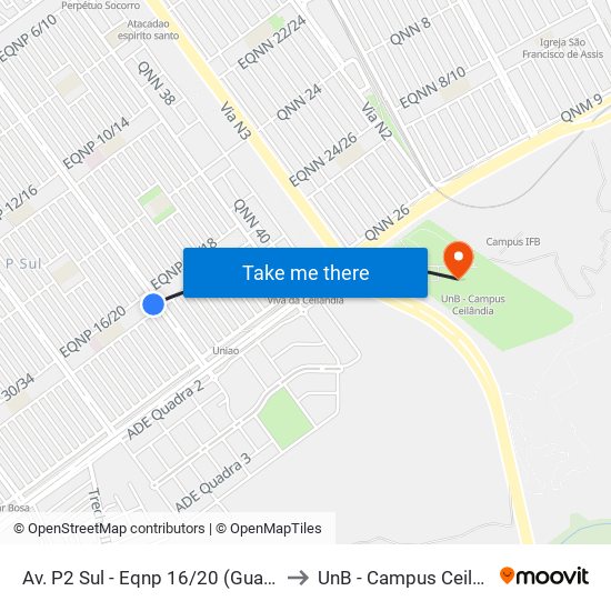 Av. P2 Sul - Eqnp 16/20 (Guarapari) to UnB - Campus Ceilândia map