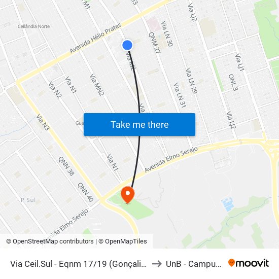 Via Ceil.Sul - Eqnm 17/19 (Gonçalina/Shopping Popular) to UnB - Campus Ceilândia map