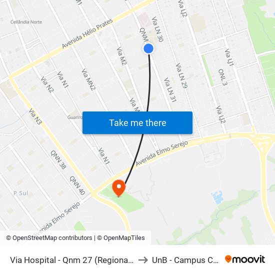 Via Hospital - Qnm 27 (Regional De Ensino) to UnB - Campus Ceilândia map