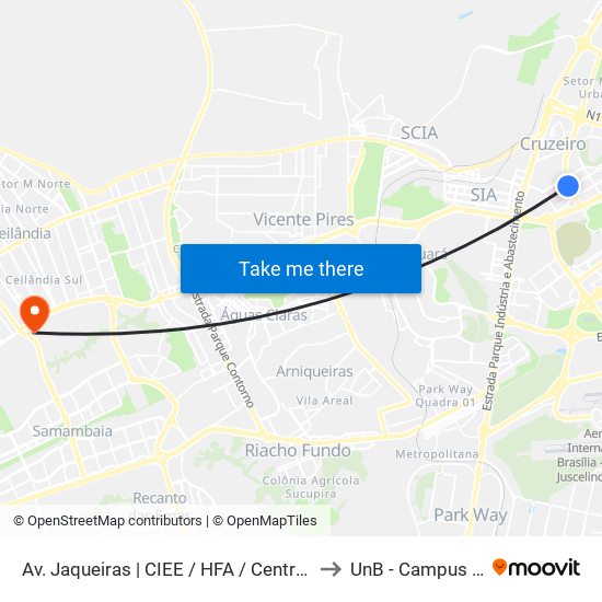 Av. Jaqueiras | CIEE / HFA / Centro Clínico Sudoeste to UnB - Campus Ceilândia map