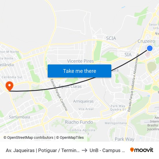 Av. Jaqueiras | Potiguar / Terminal do Cruzeiro to UnB - Campus Ceilândia map