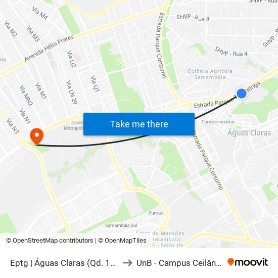 Eptg | Águas Claras (Qd. 107) to UnB - Campus Ceilândia map