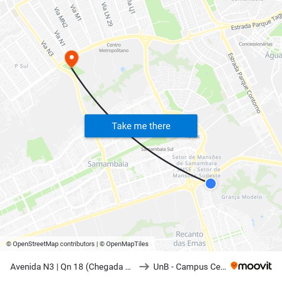 Avenida N3 | Qn 18 (Chegada Ao Riacho) to UnB - Campus Ceilândia map