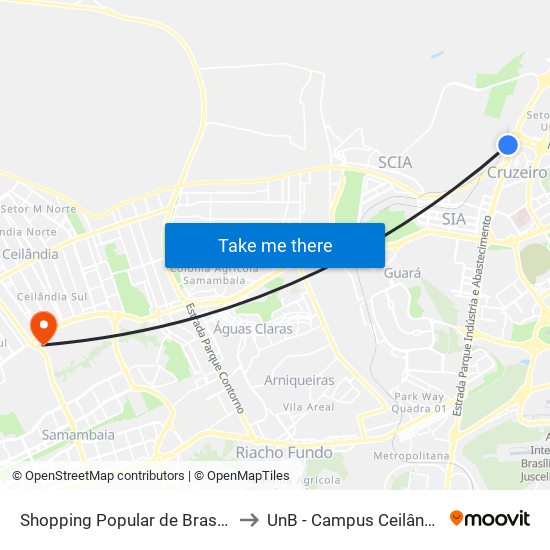 Shopping Popular de Brasília to UnB - Campus Ceilândia map