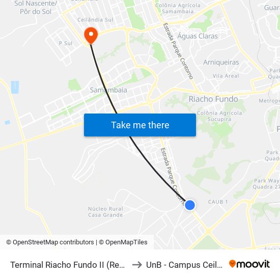 Terminal Riacho Fundo II (Remover) to UnB - Campus Ceilândia map