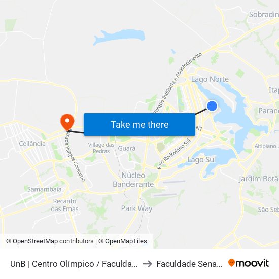 UnB | Centro Olímpico / Faculdade de Educação Física to Faculdade Senac Taguatinga map