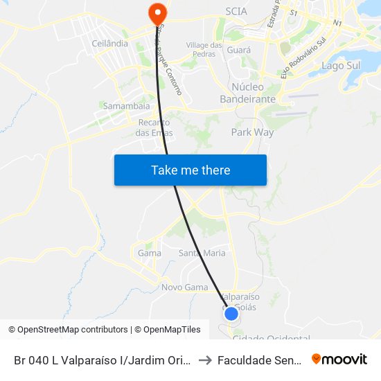 Br 040 L Valparaíso I/Jardim Oriente (Passarela Amarela) to Faculdade Senac Taguatinga map