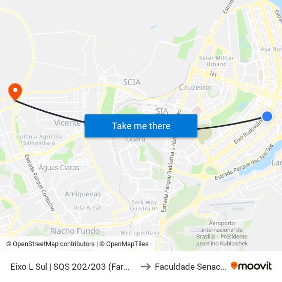 Eixo L Sul | SQS 202/203 (Farmácia de Alto Custo) to Faculdade Senac Taguatinga map