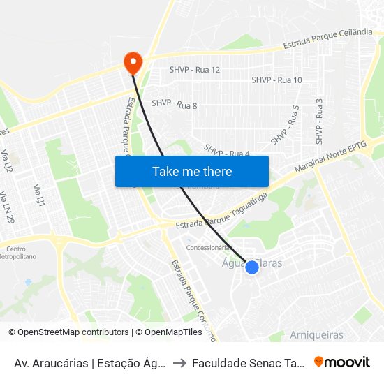 Av. Araucárias | Estação Águas Claras to Faculdade Senac Taguatinga map