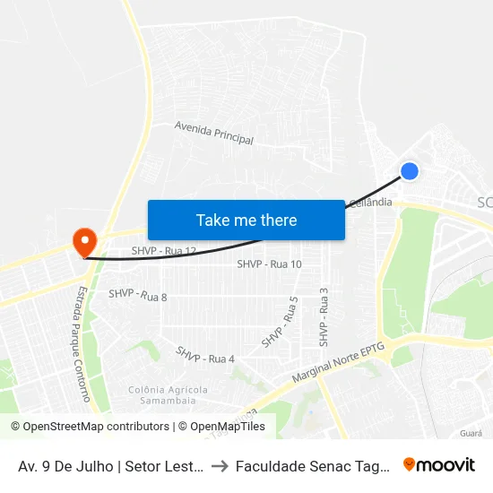 Av. 9 De Julho | Setor Leste, Qd. 3 to Faculdade Senac Taguatinga map