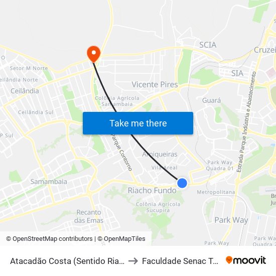Atacadão Costa (Sentido Riacho Fundo I) to Faculdade Senac Taguatinga map