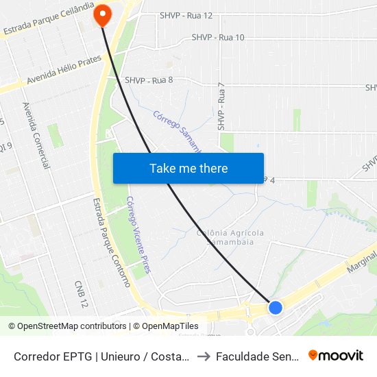 Corredor EPTG | Unieuro / Costa Atacadista (Sentido BSB) to Faculdade Senac Taguatinga map