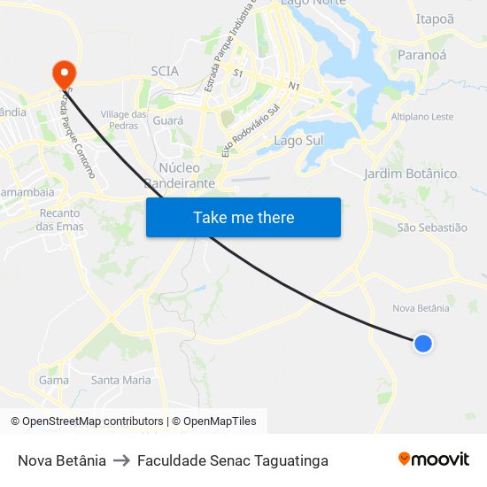 Nova Betânia to Faculdade Senac Taguatinga map