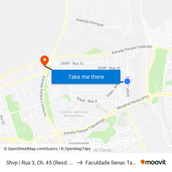 Shvp | Rua 3, Ch. 45 (Resd. Palmares) to Faculdade Senac Taguatinga map