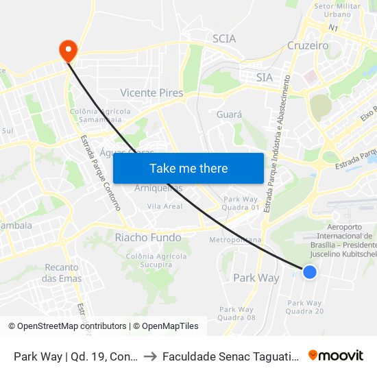Park Way | Qd. 19, Conj. 1 to Faculdade Senac Taguatinga map